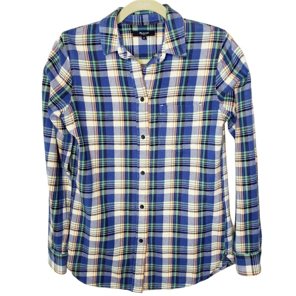 Madewell XS Blue Plaid Button-Up Long Sleeve Shirt 100% Cotton‎ Womens Size XS